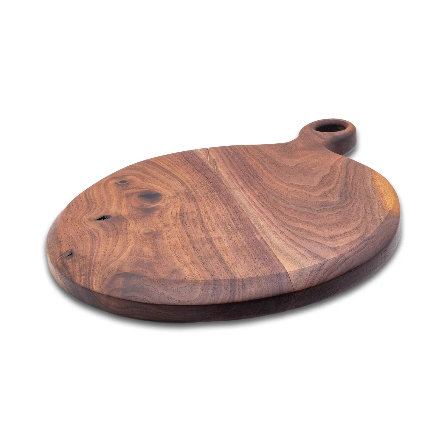 a handmade custom walnut serving tray, rounded with a thick handle